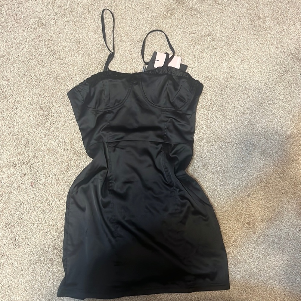 Black satin mini dress